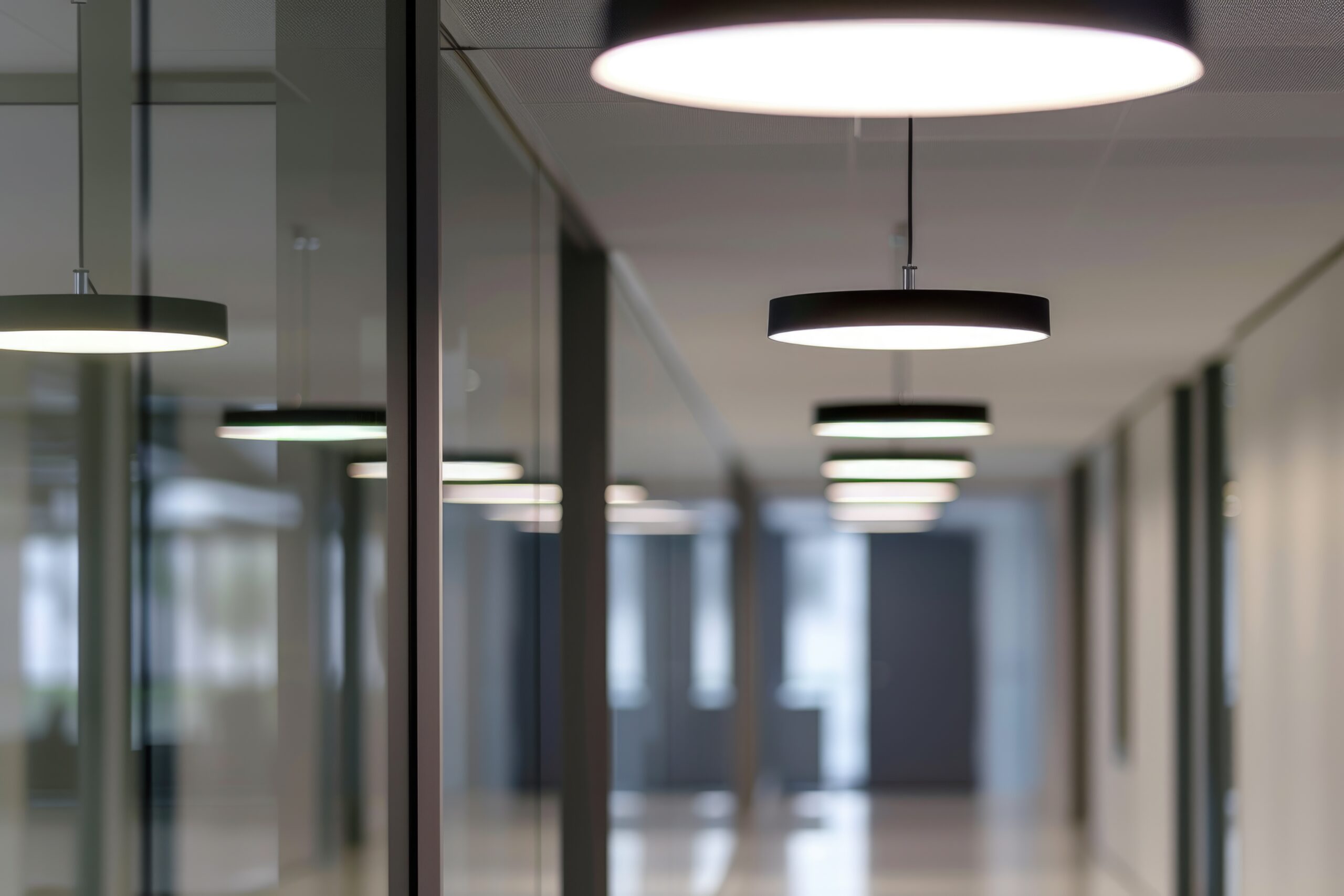 a long hallway with several lights hanging from the ceiling. perfect for adding a touch of elegance and warmth to any space